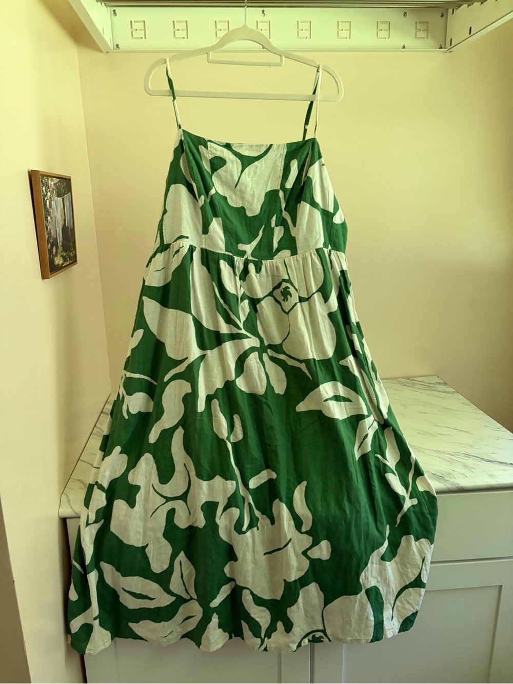 H&M Green Floral Linen-Blend Smocked Strappy Midi Dress Women’s Size XL
